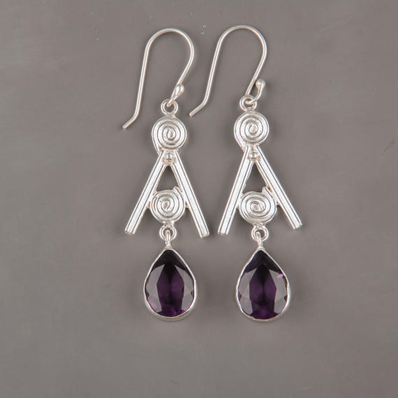African Amethyst Dangle Earrings: Handmade 925 Sterling Silver Gemstone