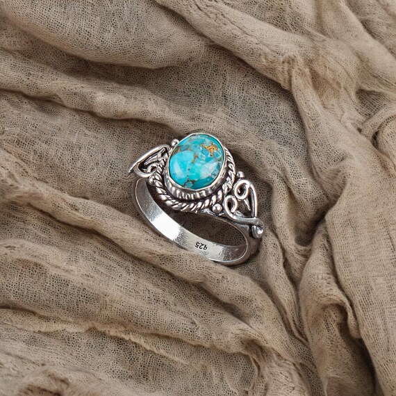 Handmade Copper Turquoise Ring: 925 Sterling Silver Blue Gemstone Jewelry