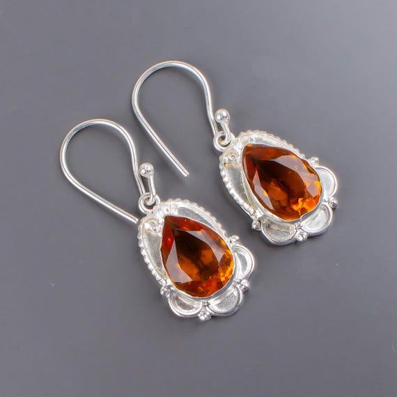 Citrine Dangle Earrings: Handmade 925 Sterling Silver Gemstone