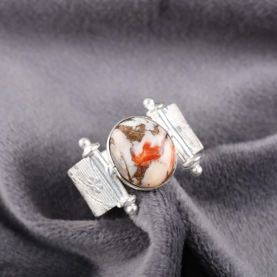 Handmade Orange Copper Turquoise Ring: 925 Sterling Silver Orange Gemstone Jewelry