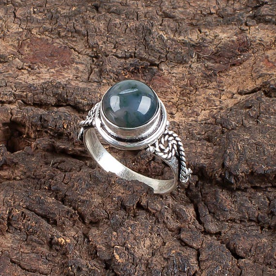 Handmade Moss Agate Ring: 925 Sterling Silver green Gemstone Jewelry