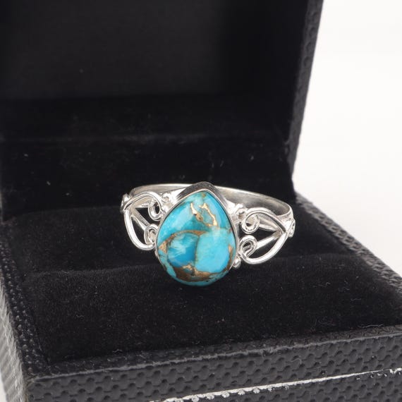 Handmade Copper Turquoise Ring: 925 Sterling Silver Blue Gemstone Jewelry
