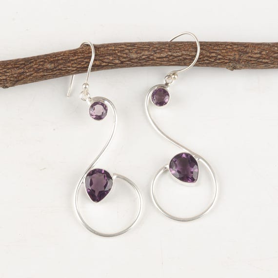 African Amethyst Dangle Earrings: Handmade 925 Sterling Silver Gemstone