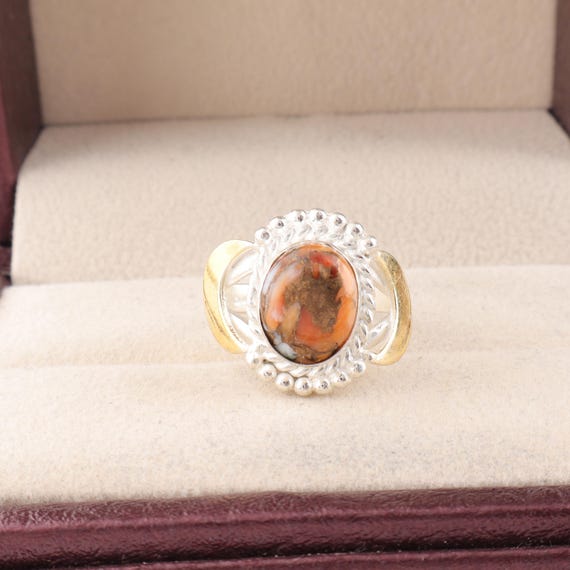 Handmade Orange Copper Turquoise Ring: 925 Sterling Silver Orange Gemstone Jewelry