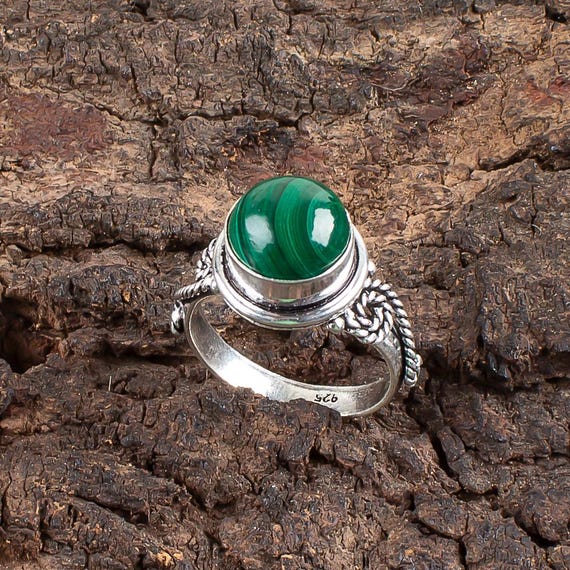 Handmade Malachite Cab Ring: 925 Sterling Silver Green Gemstone Jewelry