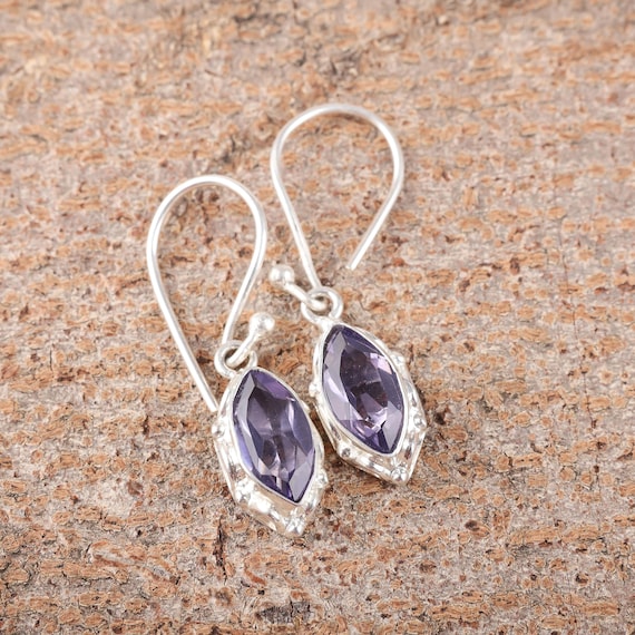 Iolite Dangle Earrings: Handmade 925 Sterling Silver Gemstone