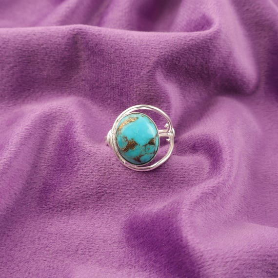Handmade Copper Turquoise Ring: 925 Sterling Silver Blue Gemstone Jewelry