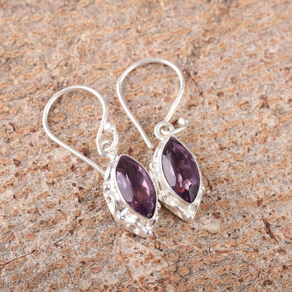 African Amethyst Dangle Earrings: Handmade 925 Sterling Silver Gemstone