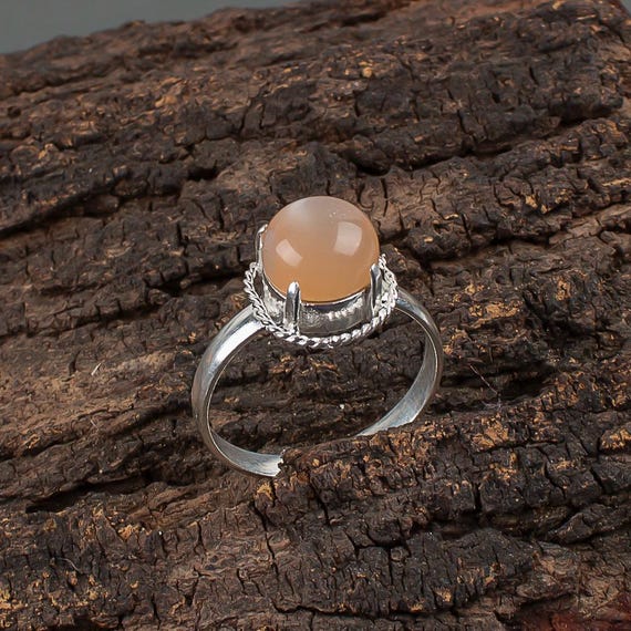 Handmade Peach Moonstone Ring: 925 Sterling Silver White Gemstone Jewelry