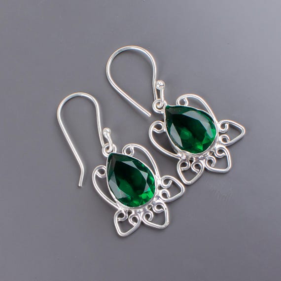 Emerald Dangle Earrings: Handmade 925 Sterling Silver Gemstone