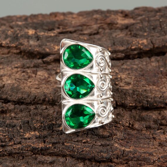 Handmade Green Emerald Ring: 925 Sterling Silver Green Gemstone Jewelry