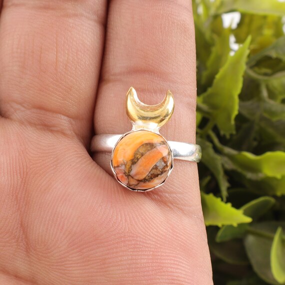 Handmade Orange Copper Turquoise Ring: 925 Sterling Silver Orange Gemstone Jewelry