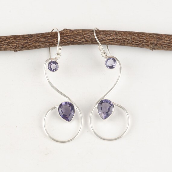 Iolite Dangle Earrings: Handmade 925 Sterling Silver Gemstone