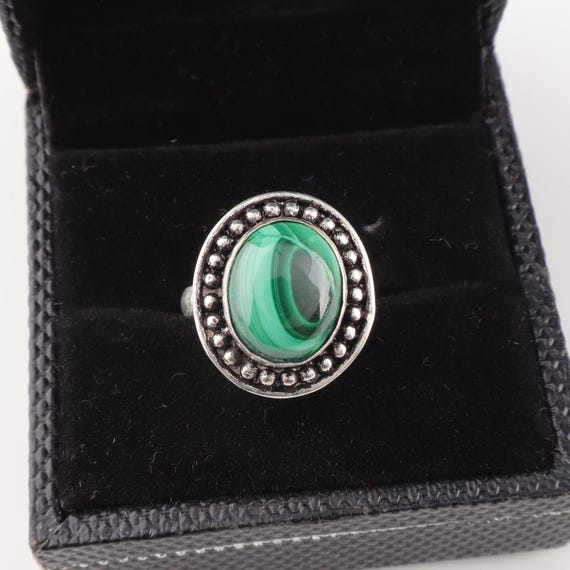 Handmade Malachite Cab Ring: 925 Sterling Silver Green Gemstone Jewelry