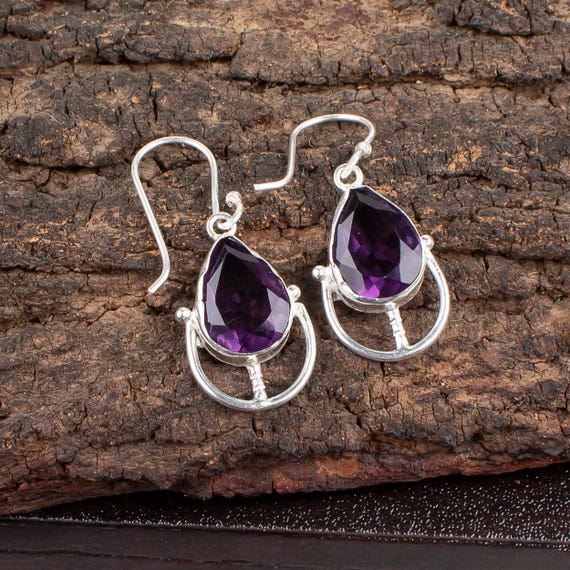 African Amethyst Dangle Earrings: Handmade 925 Sterling Silver Gemstone