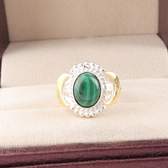 Handmade Malachite Cab Ring: 925 Sterling Silver Green Gemstone Jewelry