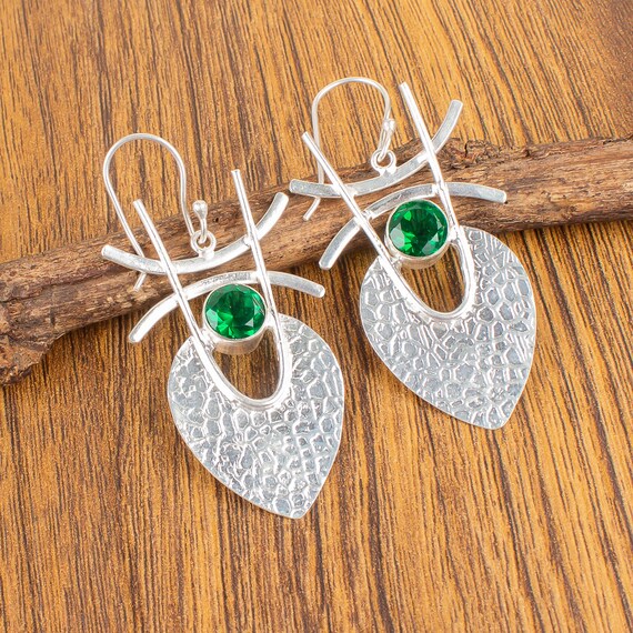 Emerald Dangle Earrings: Handmade 925 Sterling Silver Gemstone