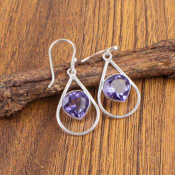 Iolite Dangle Earrings: Handmade 925 Sterling Silver Gemstone
