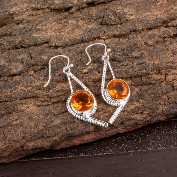 Citrine Dangle Earrings: Handmade 925 Sterling Silver Gemstone