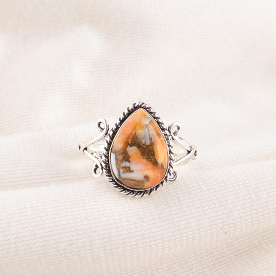 Handmade Orange Copper Turquoise Ring: 925 Sterling Silver Orange Gemstone Jewelry