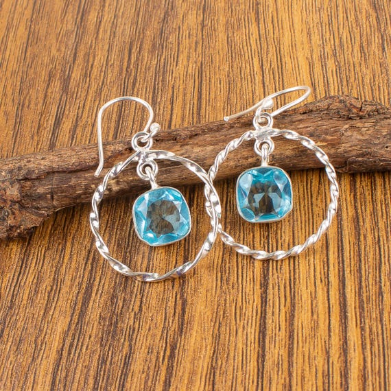Sky Blue Topaz Dangle Earrings: Handmade 925 Sterling Silver Gemstone