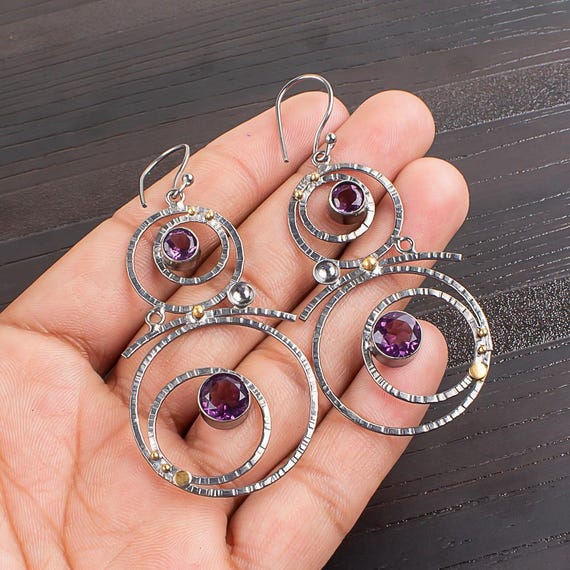 African Amethyst Dangle Earrings: Handmade 925 Sterling Silver Gemstone