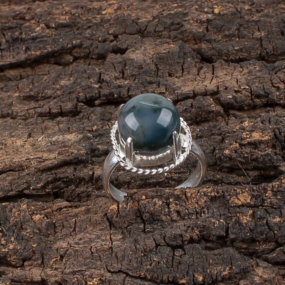 Handmade Moss Agate Ring: 925 Sterling Silver Green Gemstone Jewelry