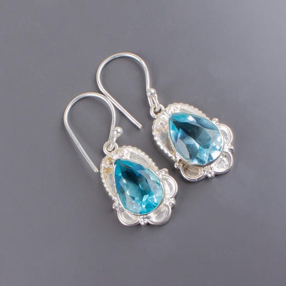 Sky Blue Topaz Dangle Earrings: Handmade 925 Sterling Silver Gemstone