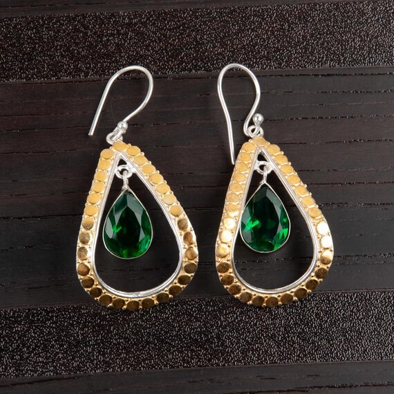 Emerald Dangle Earrings: Handmade 925 Sterling Silver Gemstone