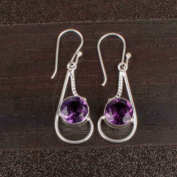 African Amethyst Dangle Earrings: Handmade 925 Sterling Silver Gemstone