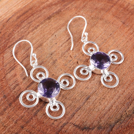 Iolite Dangle Earrings: Handmade 925 Sterling Silver Gemstone