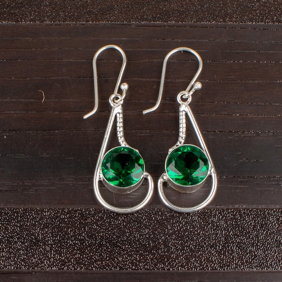 Emerald Dangle Earrings: Handmade 925 Sterling Silver Gemstone