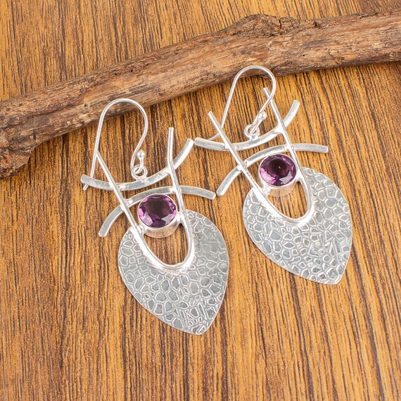 African Amethyst Dangle Earrings: Handmade 925 Sterling Silver Gemstone