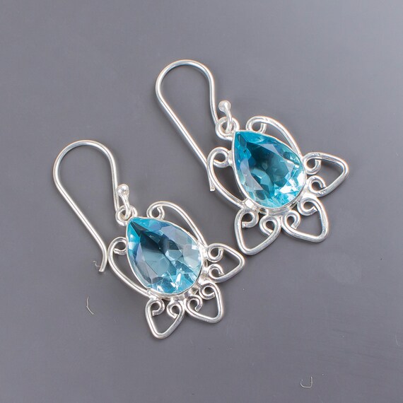 Sky Blue Topaz Dangle Earrings: Handmade 925 Sterling Silver Gemstone