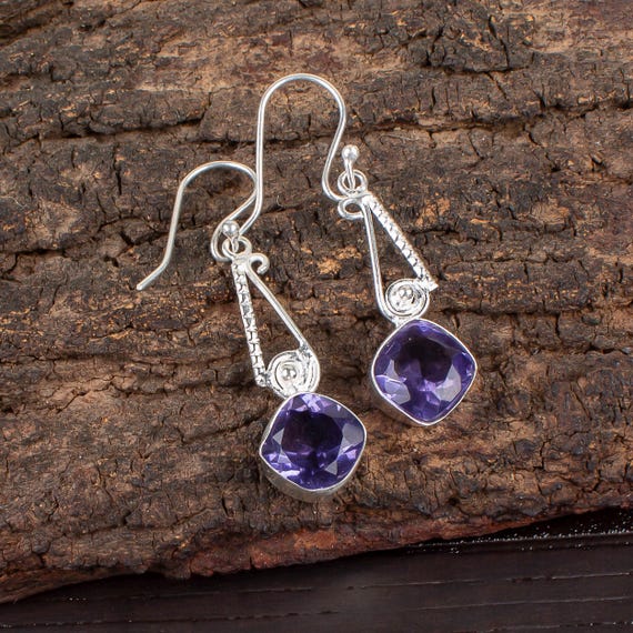 Iolite Dangle Earrings: Handmade 925 Sterling Silver Gemstone