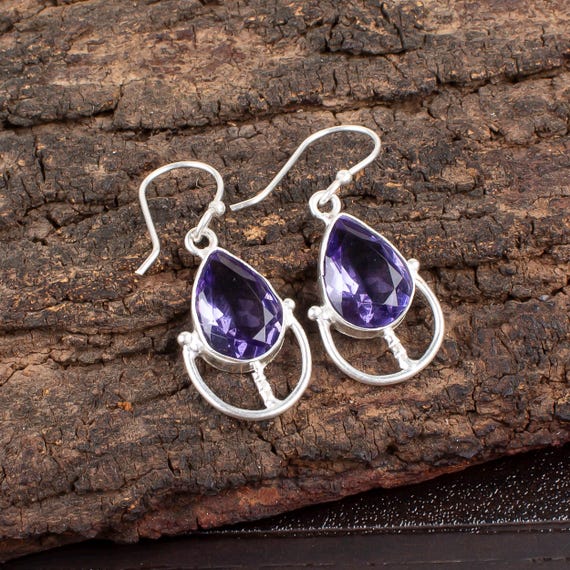 Iolite Dangle Earrings: Handmade 925 Sterling Silver Gemstone