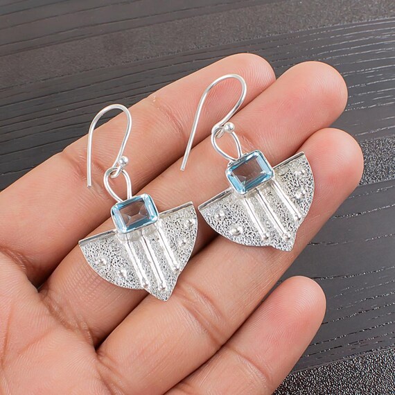 Sky Blue Topaz Dangle Earrings: Handmade 925 Sterling Silver Gemstone