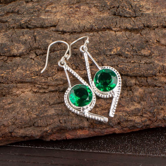 Emerald Dangle Earrings: Handmade 925 Sterling Silver Gemstone