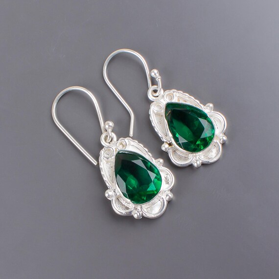 Emerald Dangle Earrings: Handmade 925 Sterling Silver Gemstone