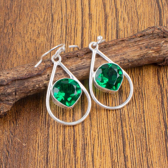 Emerald Dangle Earrings: Handmade 925 Sterling Silver Gemstone
