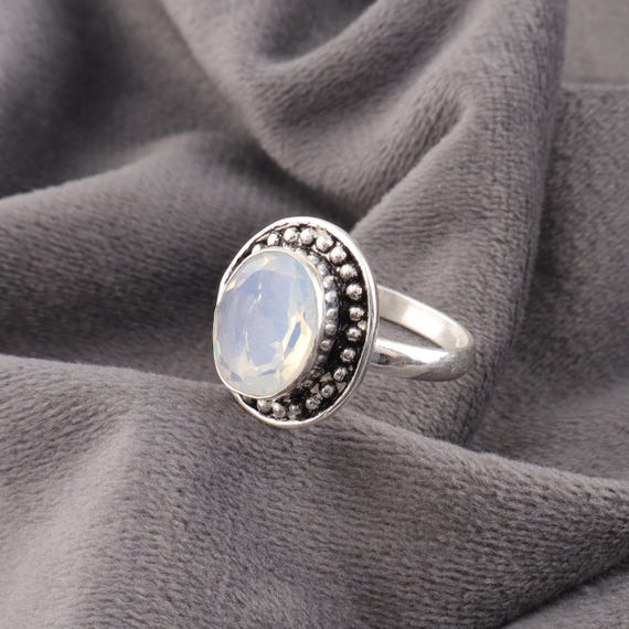 Handmade Milky Opal Ring: 925 Sterling Silver Black Gemstone Jewelry
