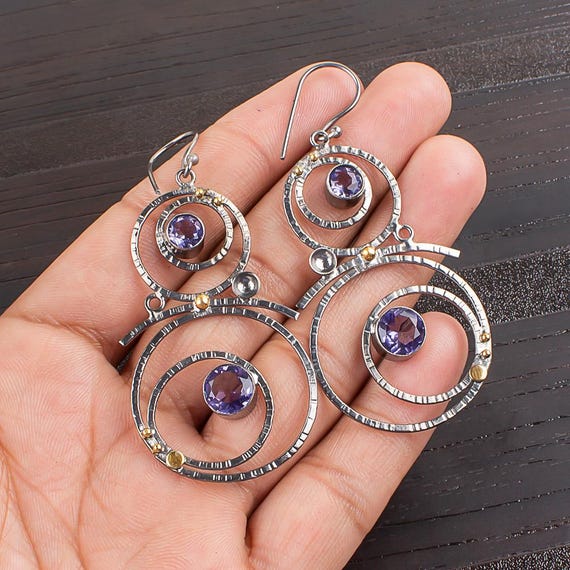 Iolite Dangle Earrings: Handmade 925 Sterling Silver Gemstone