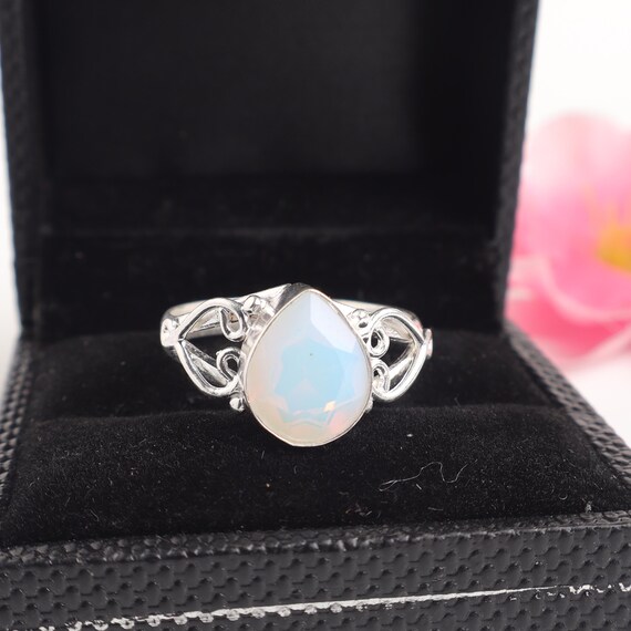 Handmade Milky Opal Ring: 925 Sterling Silver Black Gemstone Jewelry