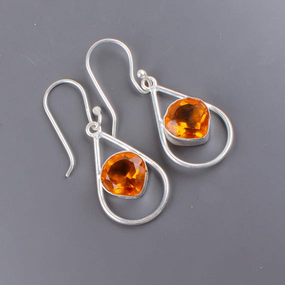 Citrine Dangle Earrings: Handmade 925 Sterling Silver Gemstone