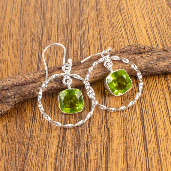 Peridot Dangle Earrings: Handmade 925 Sterling Silver Gemstone