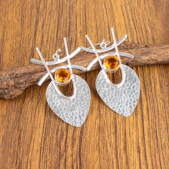 Citrine Dangle Earrings: Handmade 925 Sterling Silver Gemstone