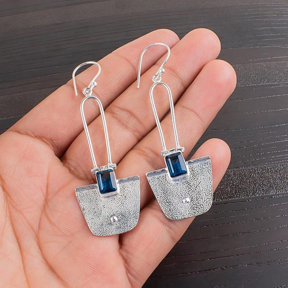 London Blue Topaz Dangle Earrings: Handmade 925 Sterling Silver Gemstone