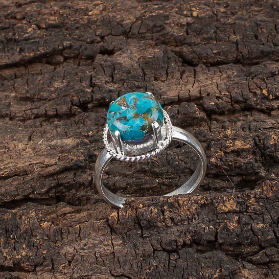 Handmade Copper Turquoise Ring: 925 Sterling Silver Blue Gemstone Jewelry