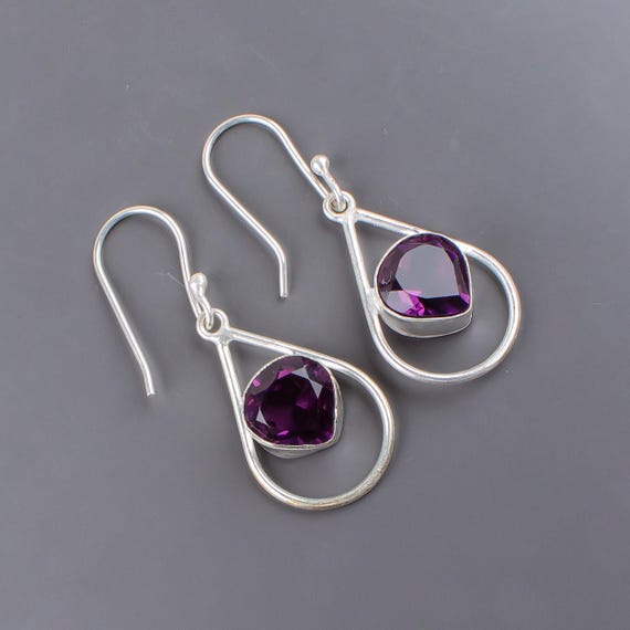 African Amethyst Dangle Earrings: Handmade 925 Sterling Silver Gemstone