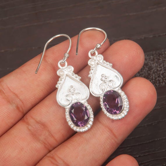 African Amethyst Dangle Earrings: Handmade 925 Sterling Silver Gemstone